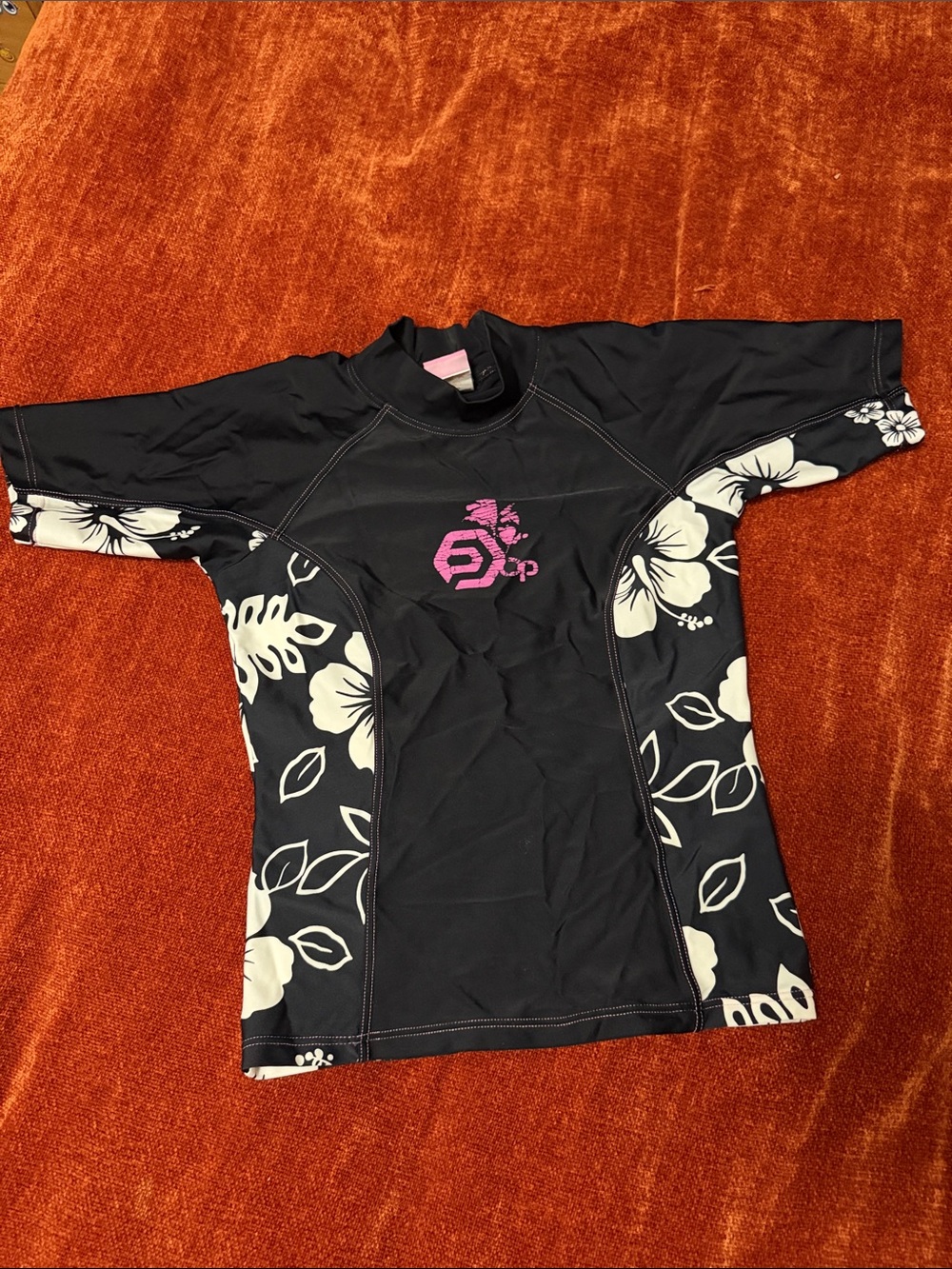 VNTG | OP |Women's Black Swim Rash Guard with White Floral Panels & Pink Logo M